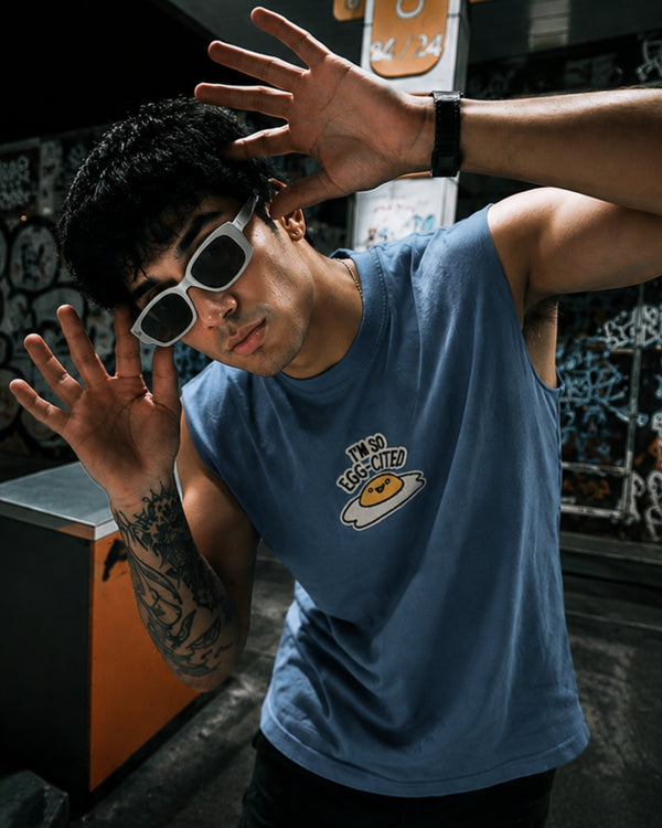 Men Blue Relaxed Fit Embroidered Sleeveless T-shirt