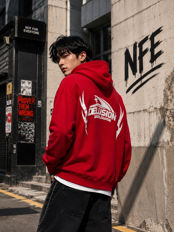 Men Red Graphic Relaxed Hooded Sweatshirt
