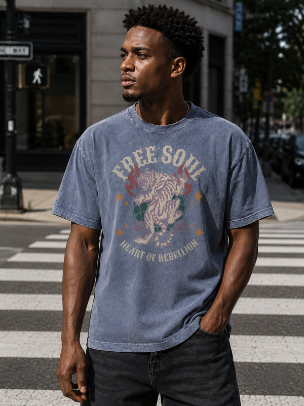 Men Blue Acid wash Graphic Oversized T-shirt