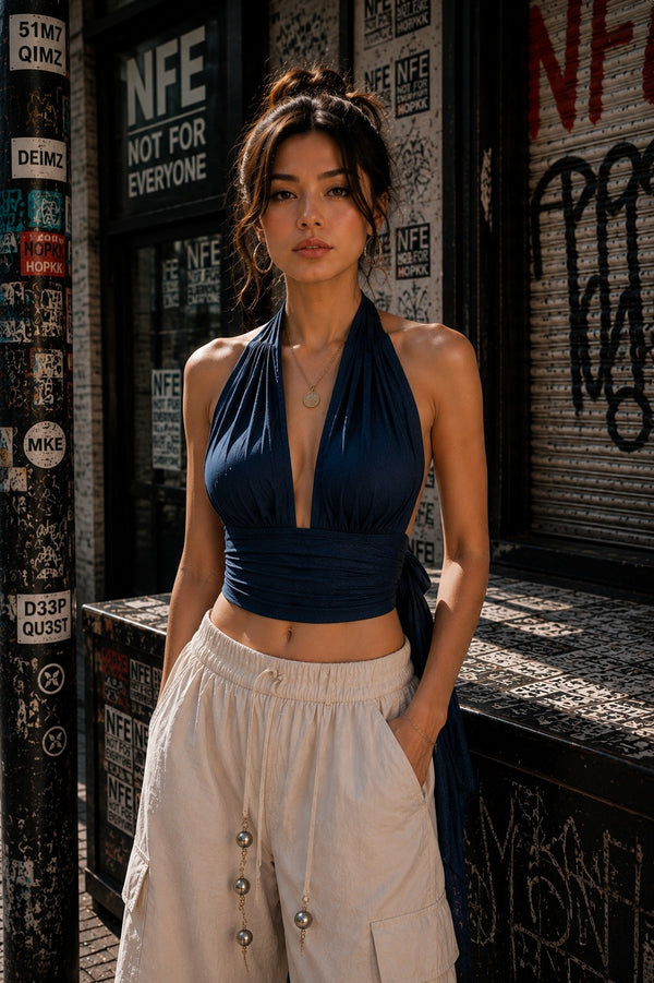 Women Blue Adjustable Halter Neck Top