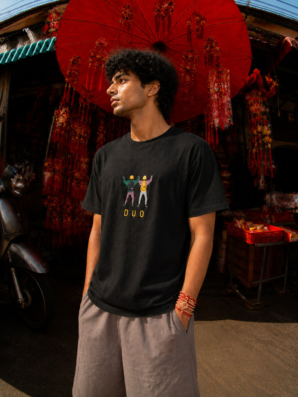 Mens Black Embroidered Regualr T-Shirt