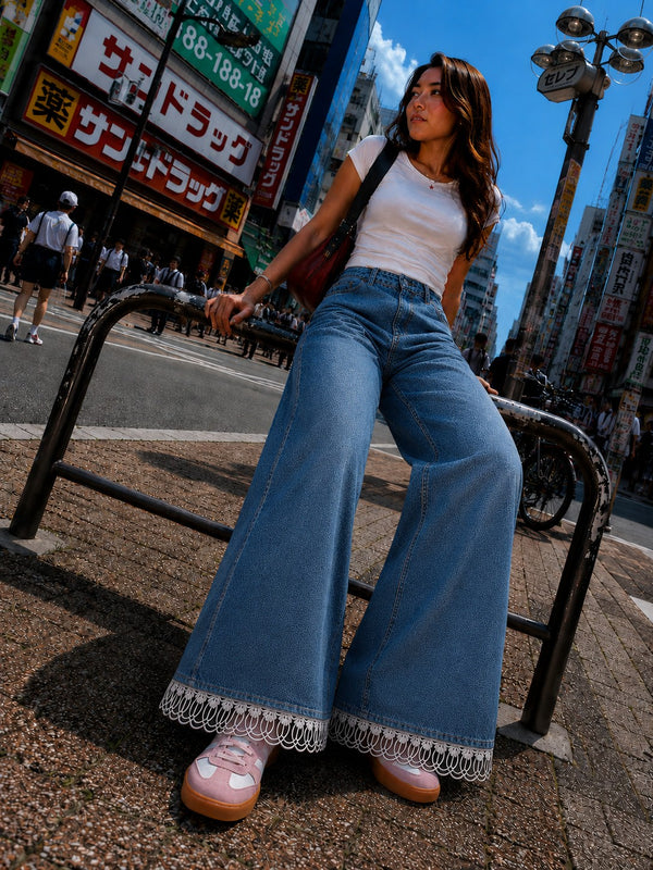 Women  Blue Wide-Leg Jeans with Lace Hem