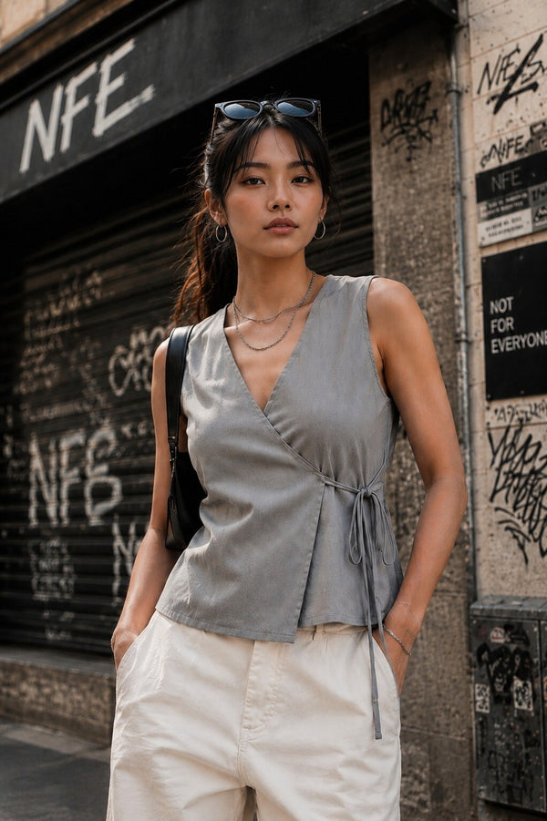 Women Over lap Grey Adjustable Top with side knot