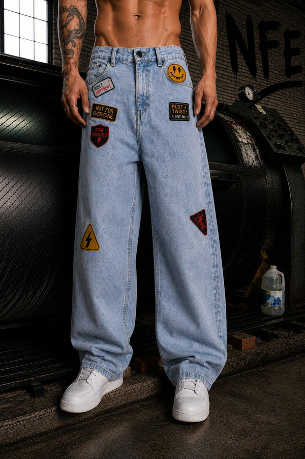 Men Blue Baggy Jeans With Badges