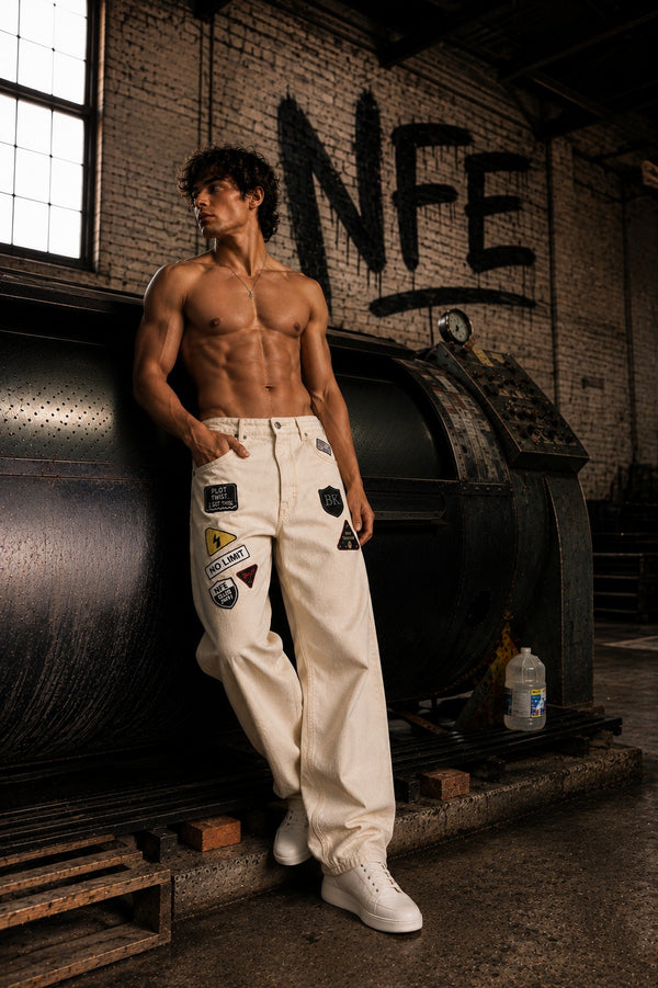 Men Ecru Relaxed Jeans With Badges