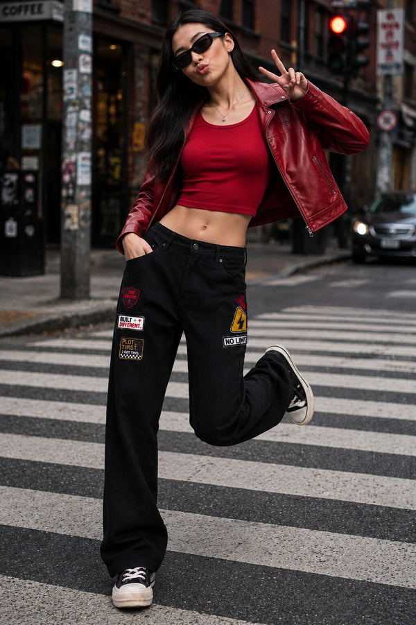 Women Black Badged Straight Fit Jeans