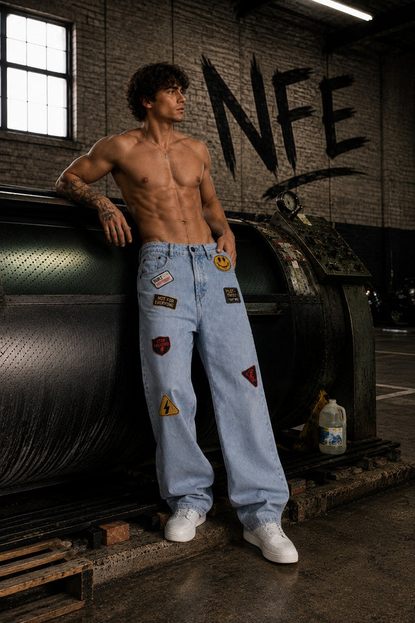 Men Blue Baggy Jeans With Badges