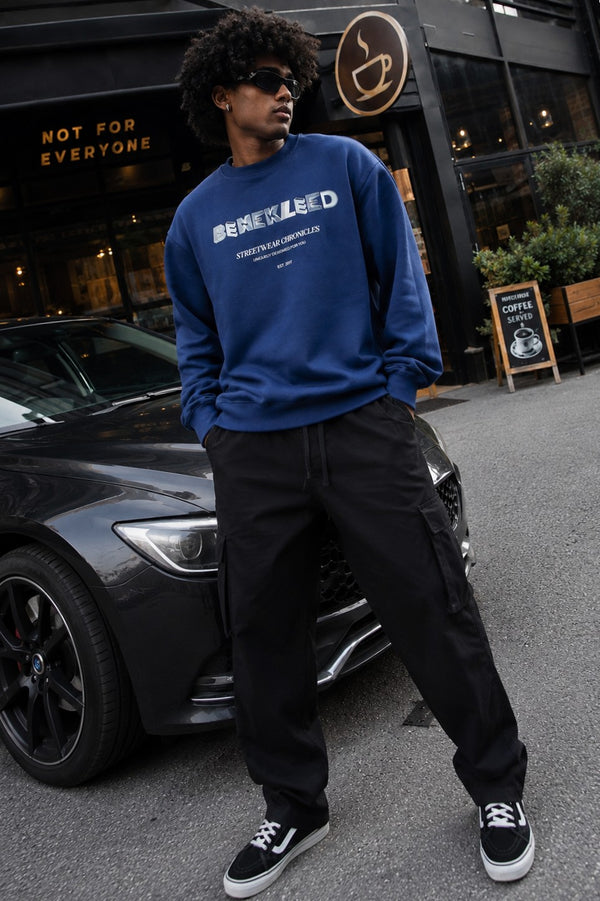 Men Crew Neck Drop Shoulder Graphic printed Navy Sweatshirt