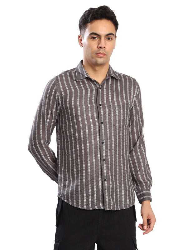 Mens Grey Striped Regular fit Casual full sleeves Shirt