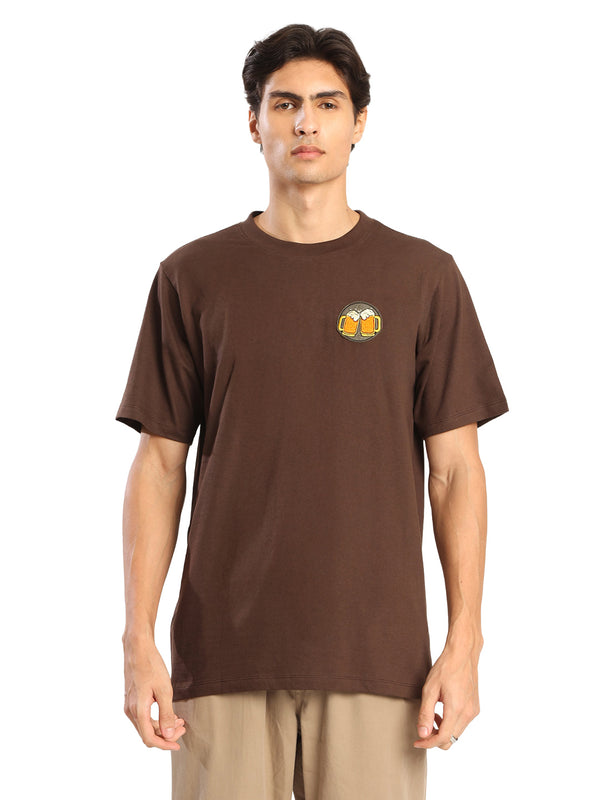 Men Brown coloured regular fit T Shirt with embroidery badge