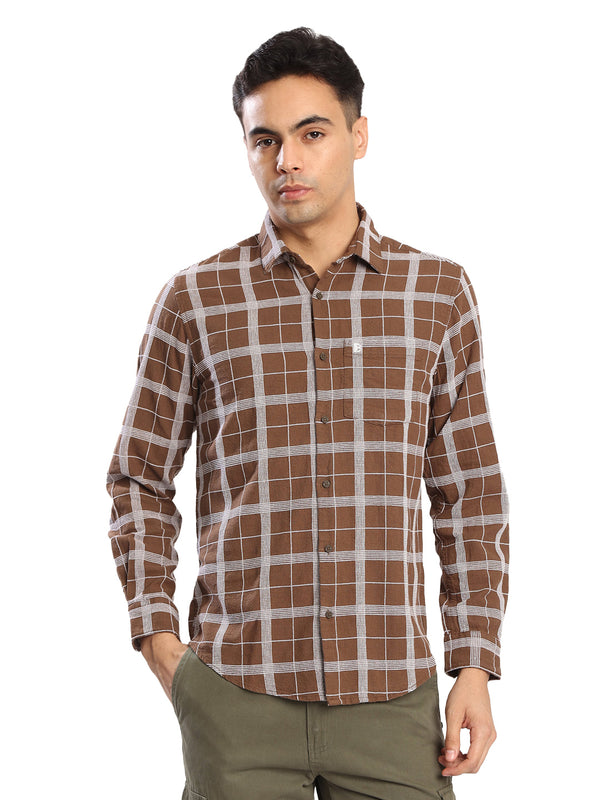 Mens Brown Checked Brand embroidery Regular fit Casual Shirt