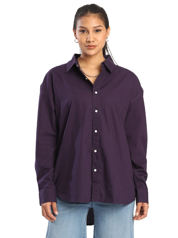 Women oversize drop shoulder purple casual shirt