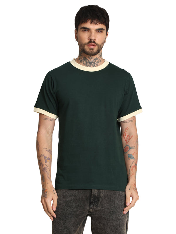 Men Green Ringer Regular fit Cotton Tshirt
