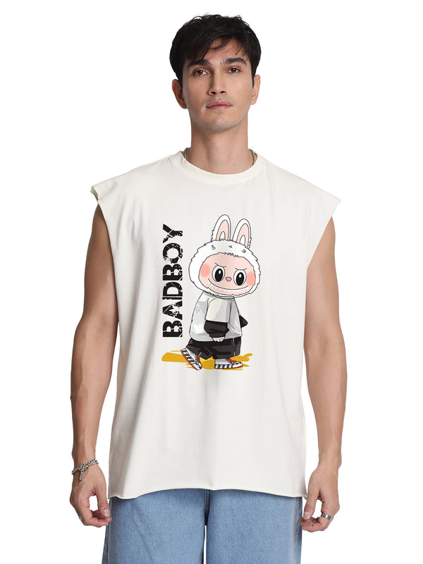 Men Off White Sleeveless Graphic Oversized T Shirt