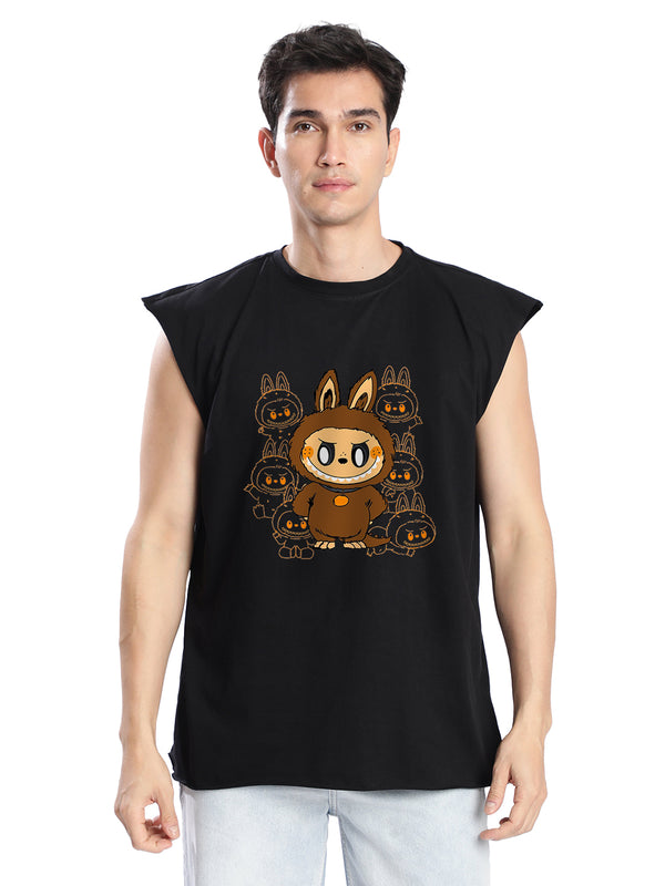 Men Black Sleeveless Graphic Oversized T-Shirt