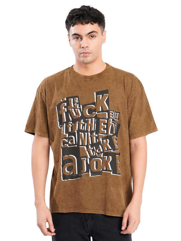 Men Brown Acid Wash Graphic T Shirt