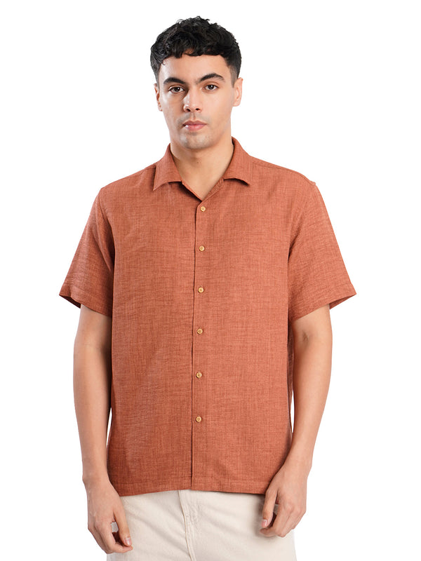 Men Rust Textured Resort Collar Shirt