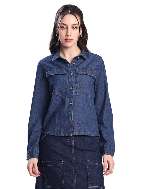 Women Solid Blue Regular Fit Shirt