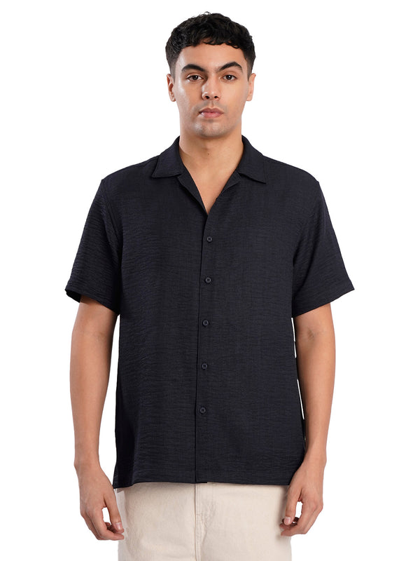 Men Navy Blue Textured Resort Collar Shirt