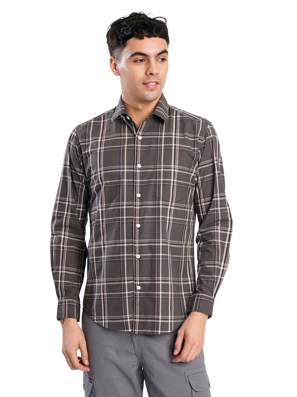 Men Grey Checked Single Pocket Shirt