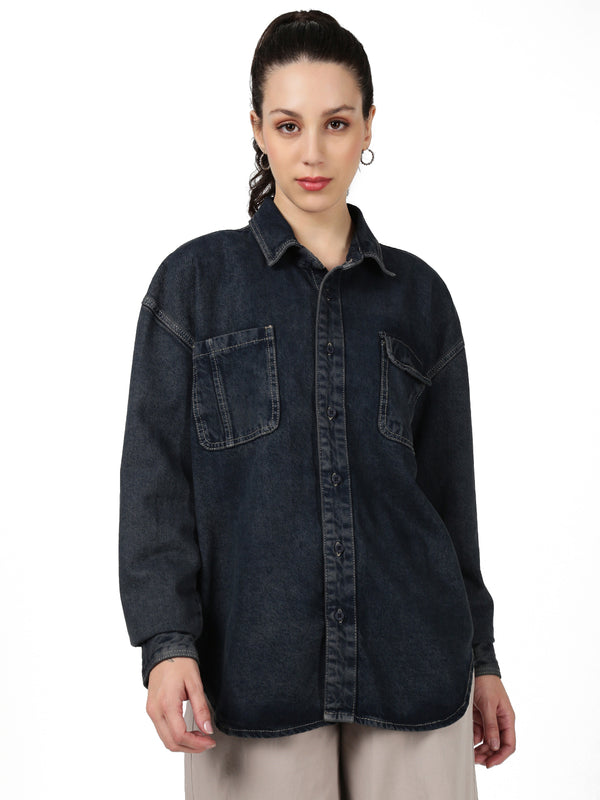 Women Blue Oversize Denim Shirt