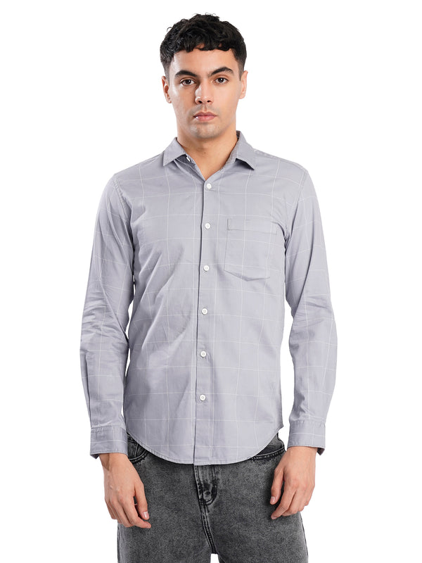 Men Grey Checked Single Pocket Shirt