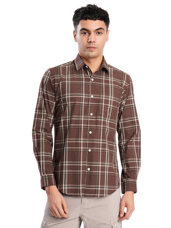 Men Brown Checked Single Pocket Shirt