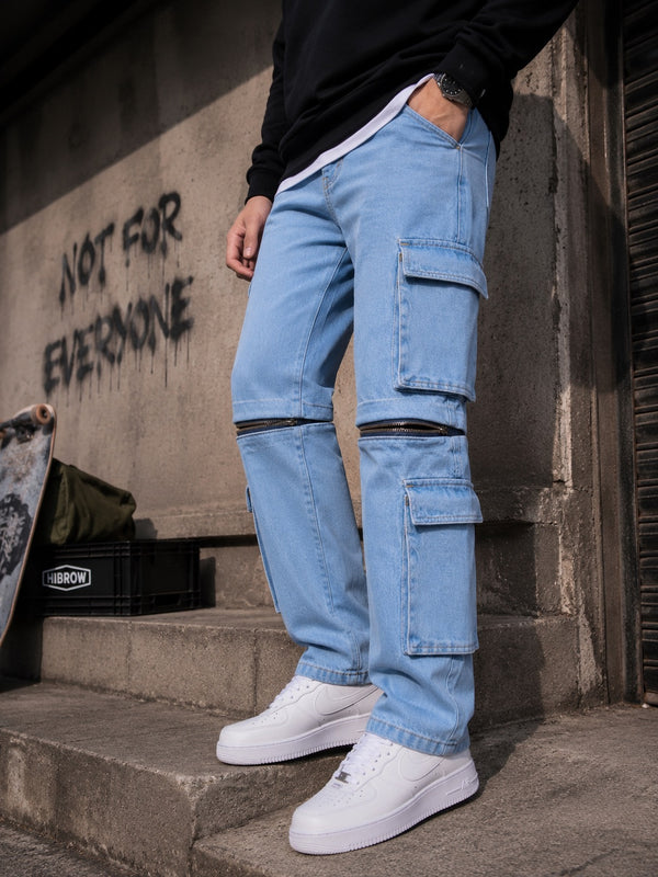 Men Blue Straight Convertible Cargo Denim Trouser