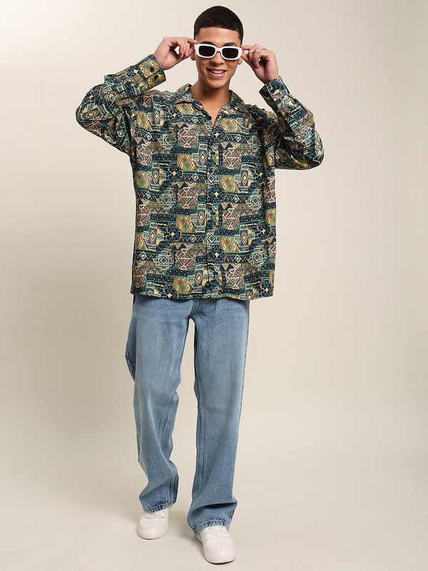 Men Black Resort Collar Printed Full Sleeves Shirt