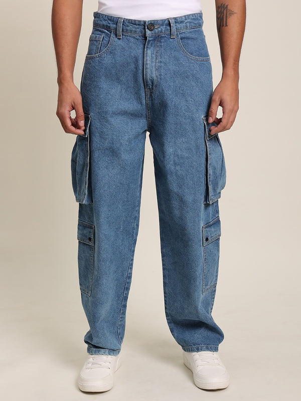 Men Blue Baggy-Fit Solid Cargo Jeans