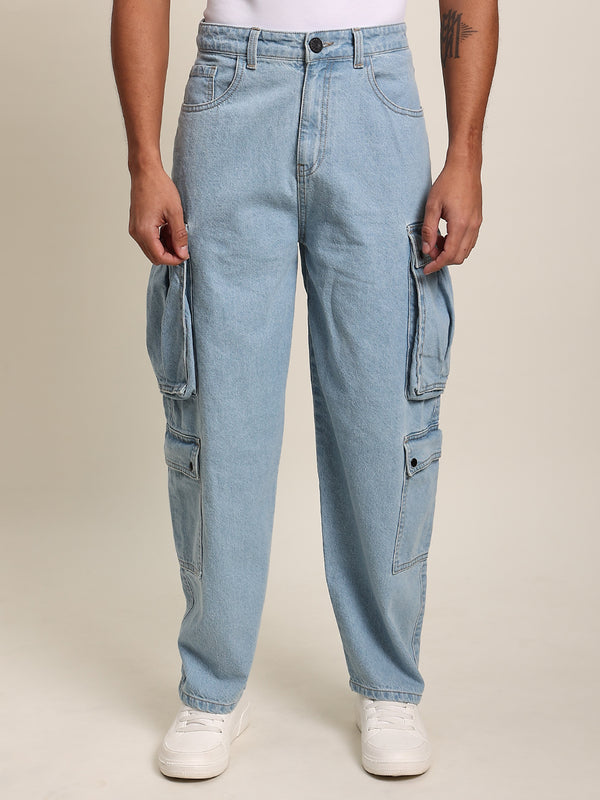 Men Light Blue Baggy-Fit Cargo Jeans