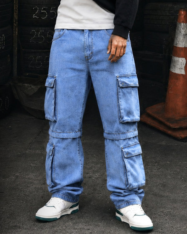Men Blue Straight Convertible Cargo Denim Trouser
