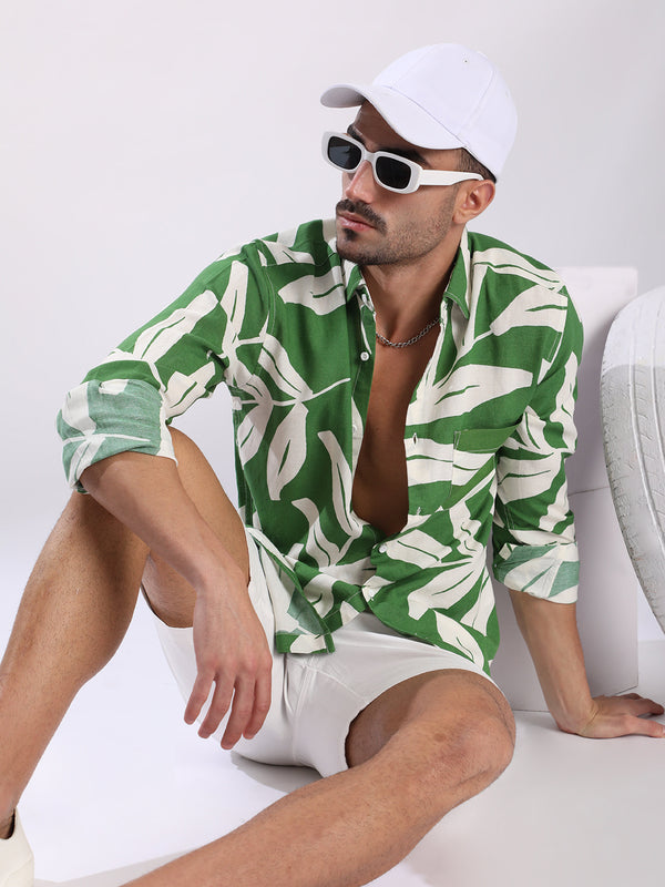 Men Green and White Abstract Print Linen Slim Fit Shirt