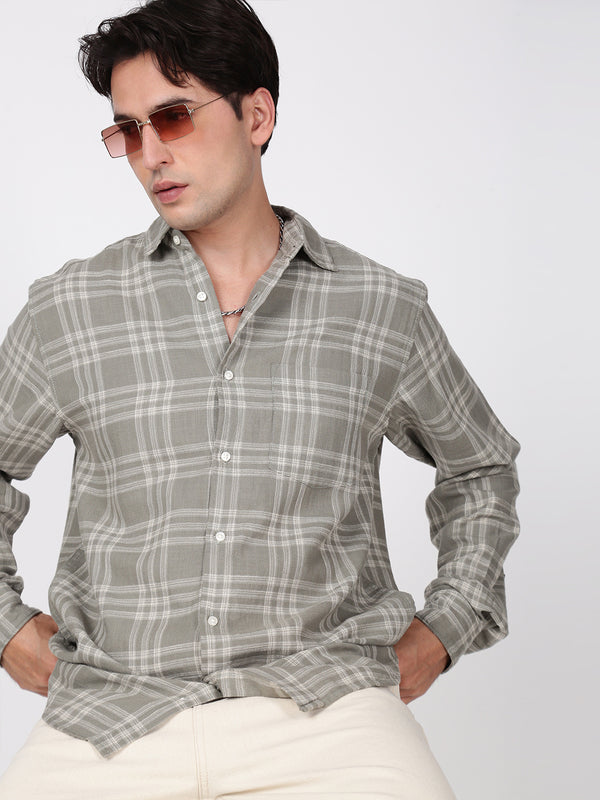 Men Grren Checked Single Pocket  Shirt
