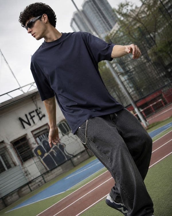 Men Navy Oversized Solid T-Shirt