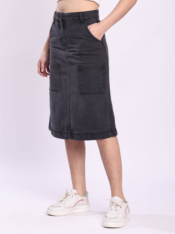 Women Charcoal A-Line Cargo Denim Skirt