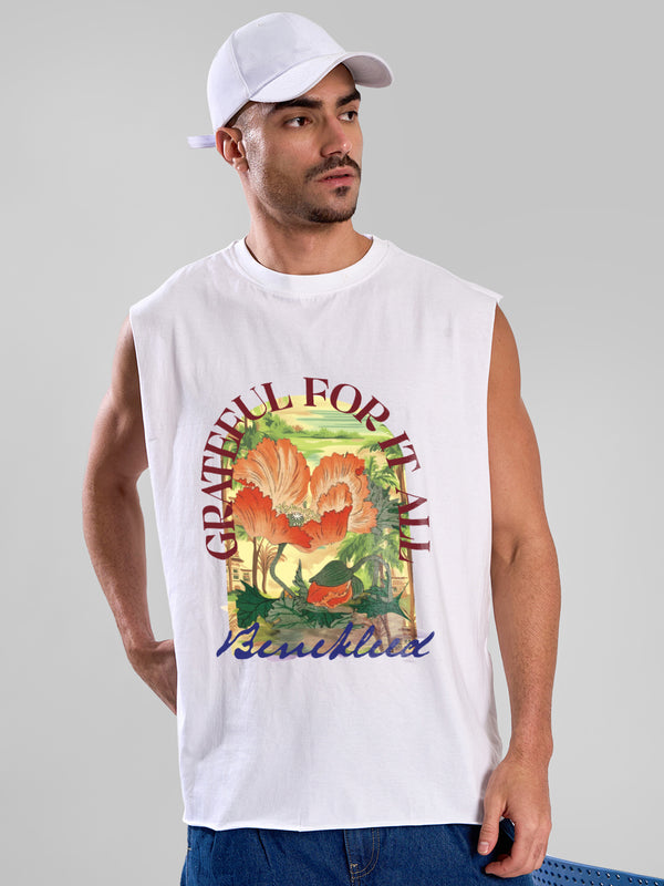 Men White Sleeveless Graphic Print Oversize T Shirt
