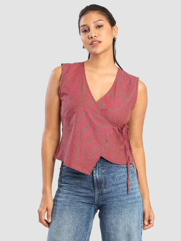 Women Over lap Maroon checked Adjustable Top with side knot