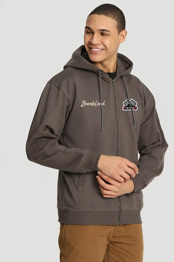 Men Relaxed Grey Graphic Printed Front Zipper Hoodie
