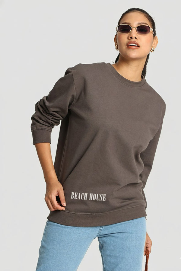 Women Relax Fit Grey Graphic Printed Pullover Sweatshirt