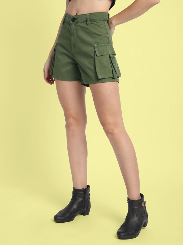 Women Light Green Regular-Fit Solid Cargo Shorts