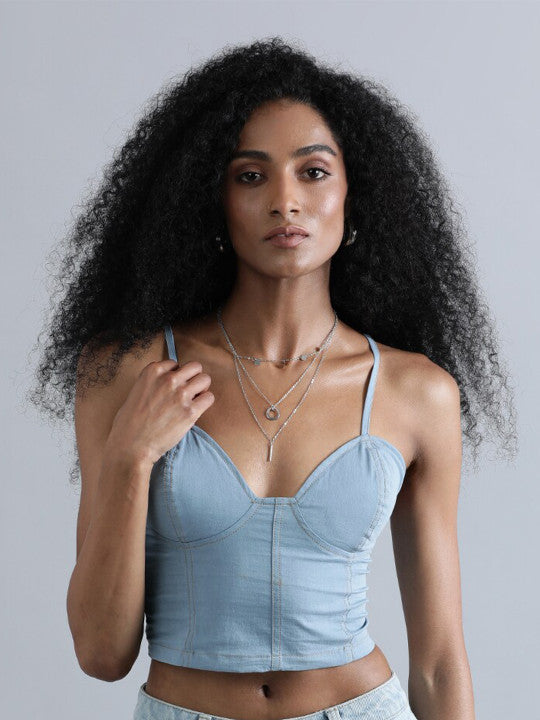 Women Shoulder Straps Cotton Denim Crop Top