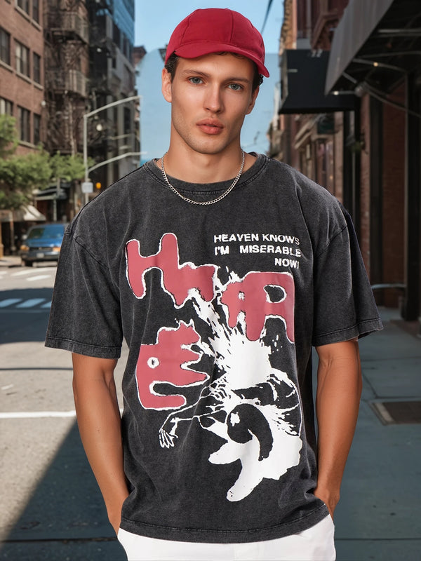 Men Black Acid Wash Graphic T Shirt
