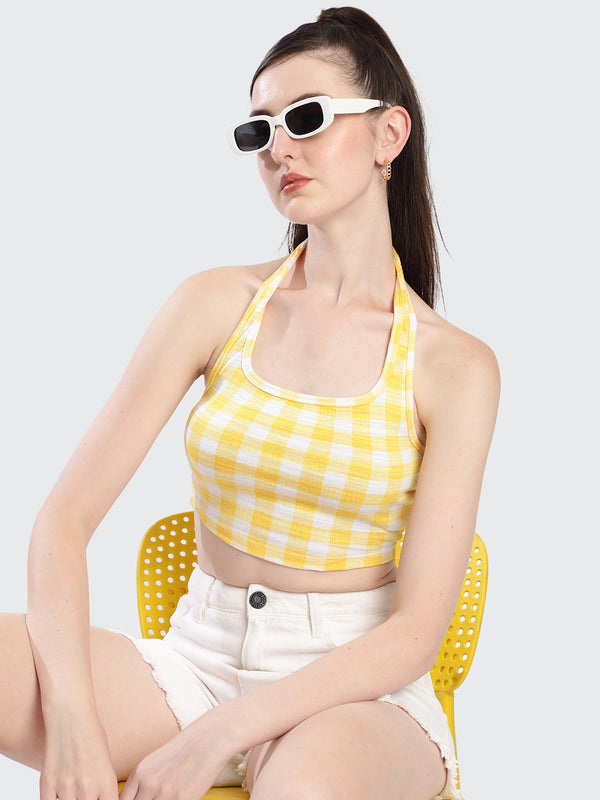 Women Yellow Checkered Halter-neck Crop Top