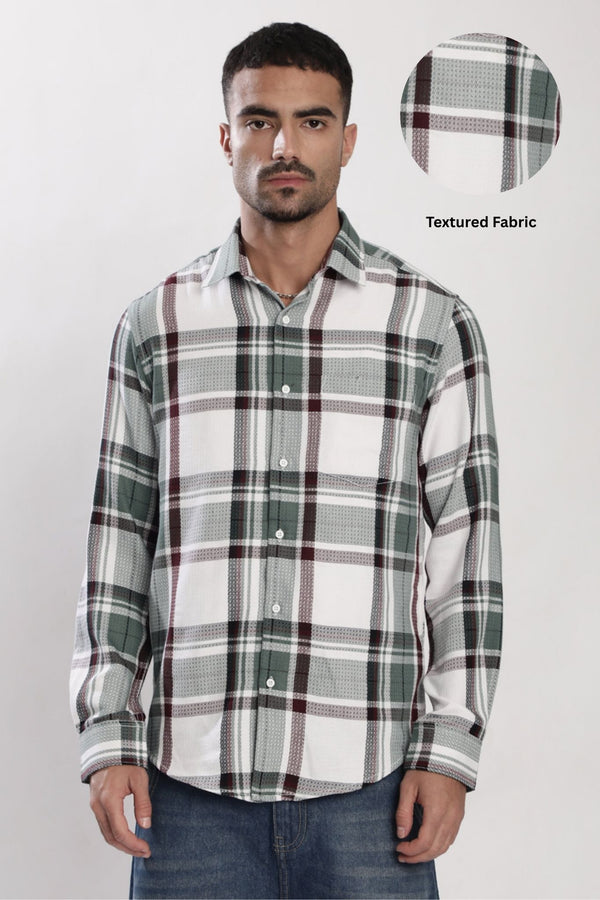 MenWhite and Green Checked Single Pocket Shirt