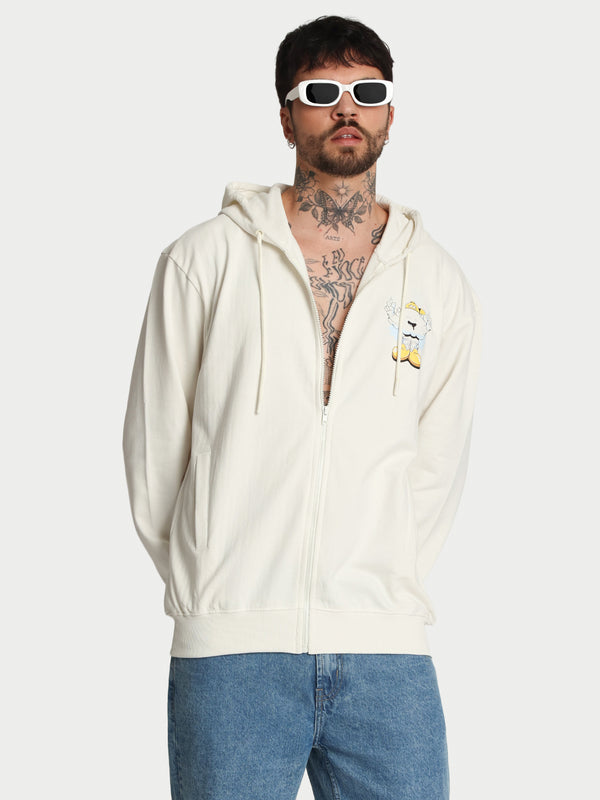 Men Relaxed front zipper Graphic print Off white hoodie