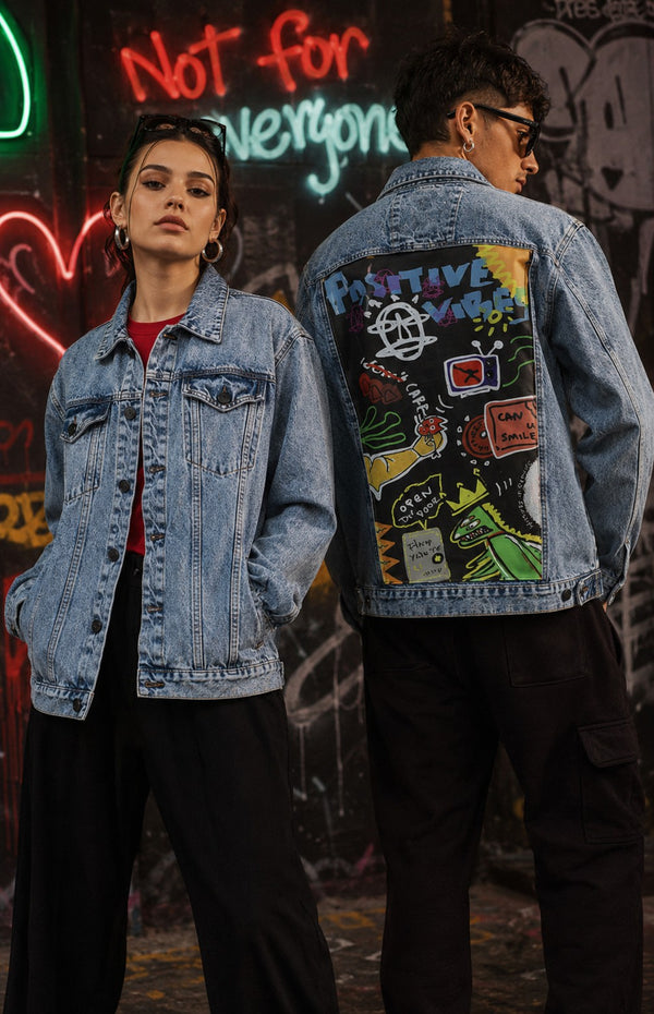 Unisex Mood Switch Oversized Denim Jacket with Swappable Graphic Patch