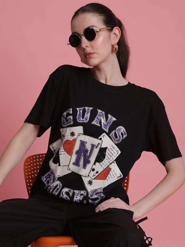 Woment's Balck Oversize Graphic Printed T Shirt