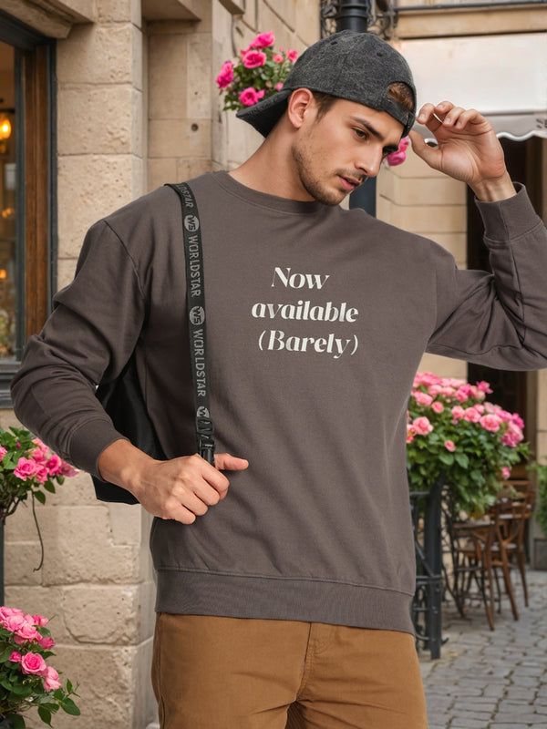 Men Crew Neck Drop Shoulder Graphic Printed Brown Sweatshirt