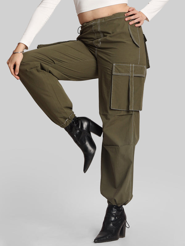 Women Loose Fit Pure Cotton Parachute Cargo Trouser
